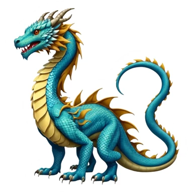 Mušḫuššu, official blueprint: long scaled dragon-serpent body, lion forelegs with feline paws, bird-like hind legs with talons, long neck, dragon head with horn or crest, lizard tail, blue or turquoise, lion-like mane, ancient and regal but terrifying sticker