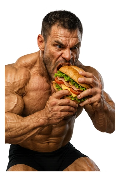 bodybuilder che mangia affamato un panino, iperrealistico 4k sticker