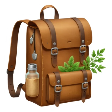 A sturdy, weathered leather backpack with metal-reinforced flaps. A rolled parchment and fresh herbs stick out from its pockets, while a small corked bottle rests at the front. It looks practical, rugged, and ready for any journey. sticker
