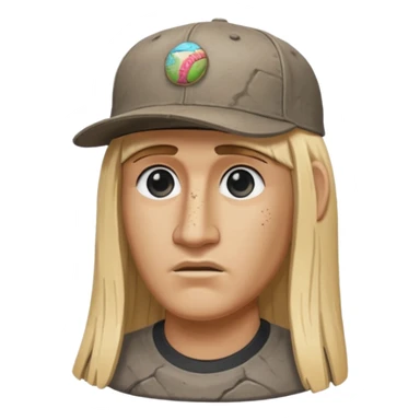 Easter island head rock with long blonde hair and a backwards baseball cap sticker