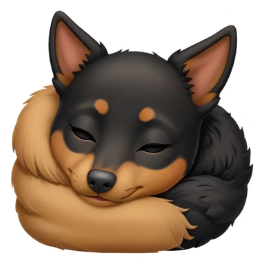 Meme-Worthy Cute Sleeping Black and Tan Kelpie Portrait Emoji, Head resting peacefully with a contented smile, showcasing a delightfully agile build and a luxuriously soft black and tan Fur, eyes shut in a serene nap, Simplified yet hilariously adorable features, highly detailed, glowing with a soft, drowsy light, high shine, relaxed and utterly lovable, stylized with an air of playful laziness, bright and heartwarming, soft glowing outline, capturing the essence of a comically sleepy herder, so meme-worthy it feels like it could instantly become the next viral sensation of adorable slumber! sticker