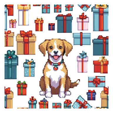 dog surrounded by gift boxes sticker