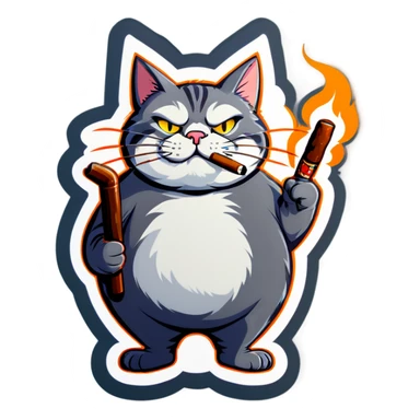 Fat grey cat with cigar sticker