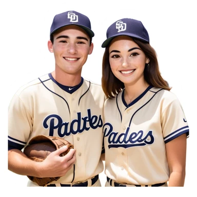 *White* Smiling couple. Woman has big cheeks and a lot of freckles on the nose. long brown hair. Man has black and very short hair and prominent eyebrows with egipcian nose. Both are wearing “Los Padres” baseball jerseys and with a sign that says “Go Padres!” sticker