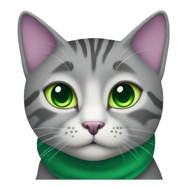 grey tabby cat with green eyes and purple collar sticker