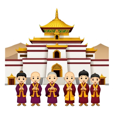 Lhasa Jokhang Temple Tibet with pilgrims, simplified emoji style with bold outlines and bright colors, cartoon style golden roof temple sticker