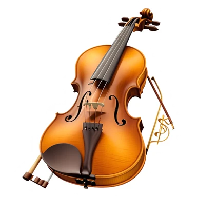 Create a sophisticated and detailed emoji representing the 'Macdonald' viola by Antonio Stradivari. The design should feature a beautifully crafted viola with visible fine details, including the scroll, f-holes, and rich wood texture. Add subtle elements like a bow resting on the strings and musical notes to evoke the instrument’s classical nature. Use rich, warm colors like golden brown, amber, and subtle hints of gold to reflect the luxury and craftsmanship of Stradivari's work. The background should be transparent. sticker