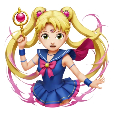 Icon for Anime: vibrant, dynamic scene with Bishoujo Senshi Sailor Moon in action, featuring exaggerated expressions and colorful backgrounds. The design should reflect the distinct, energetic style of anime, with iconic eyes and unique visual elements. Transparent background. sticker