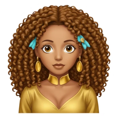 Melanie Brown with brown long curly hair, gold outfit sticker