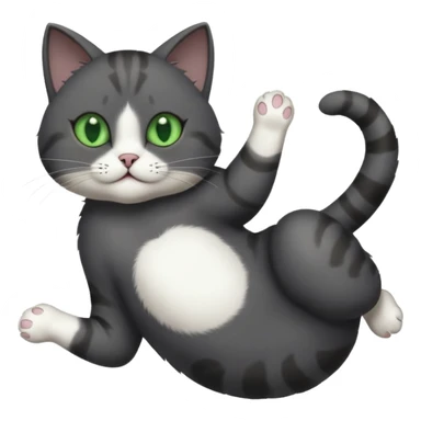 solid dark grey cat with green eyes, white toes/paws and white patch on her chest playfully rolling upside down sticker
