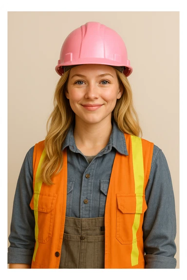 blonde girl construction worker wearing a pink helmet, friendly expression, construction attire, simple background sticker