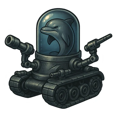 Create a retro sticker style image of a dolphin in a water tank mounted on tank treads, with robotic arms equipped with ranged weapons. The dolphin and tank should look very menacing with a gritty metallic look. The water in the tank is always blue. No border around the image. sticker