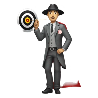 man with grey shirt and black pants and grey hat with Target bullseye on it, and a red cape sticker