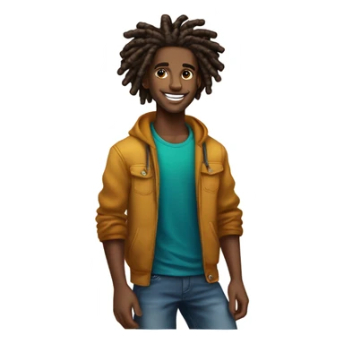 A young African-American male with short, thick dreadlocks and a friendly, confident smile. He has a slim but toned build and radiates a vibrant, approachable energy. His style combines casual streetwear with bold, trendy touches sticker
