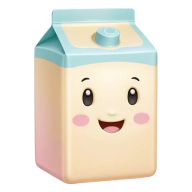 Cinematic adorable milk carton, soft pastel colors, tiny rounded edges, chubby smiling face, warm glowing highlights, gently tilting in a playful pose. sticker