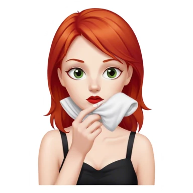 a woman with red hair and red eyes sniffing a white sock. The woman wear a black  dress sticker
