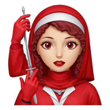 Lilith scalpel in hand, evil surgeon outfit.  She has red eyes. She has dark brown curly hair. Hair is long . Wears sexy doctor outfit with red gloves. Cover, neck and mouth with Muslim red burka sticker