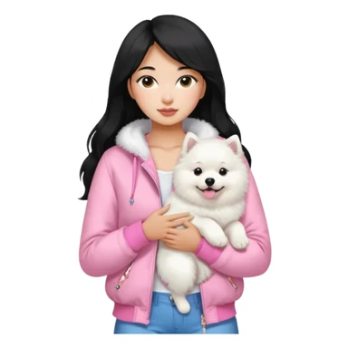 A black long hair asian pretty girl with a bright skintone using a baby pink juicy couture jacket with white tanktop holding a samoyed dog sticker