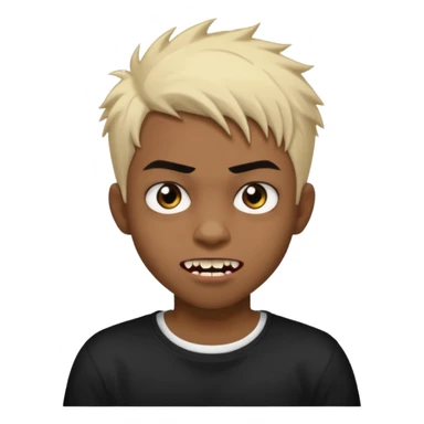 Black Male Teenager with Short punk messy blonde hair, Dark brown bushy eyebrows large expressive golden-brown eyes, wearing a plain white t-shirt, Dark Brown skin color. vampire tooth sticker
