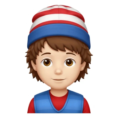 brown fluffy hair kid with blue and white hat dark blue jilet red t shirt sticker