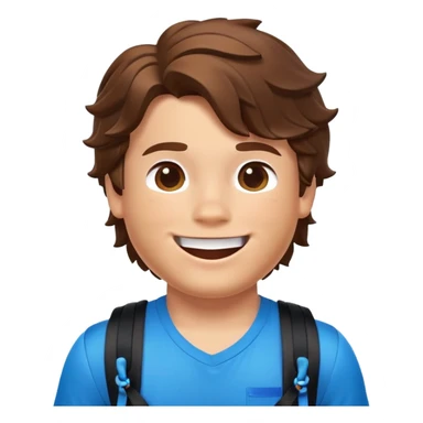 a roblox thick boy has a pitch skin,brown hair that a wave,hasve a face that a smile then in the mid side it has the toung out,black shirt with blue backpack and bluee ropes and one o the ropes of  the bag it has a blue ribbon sticker