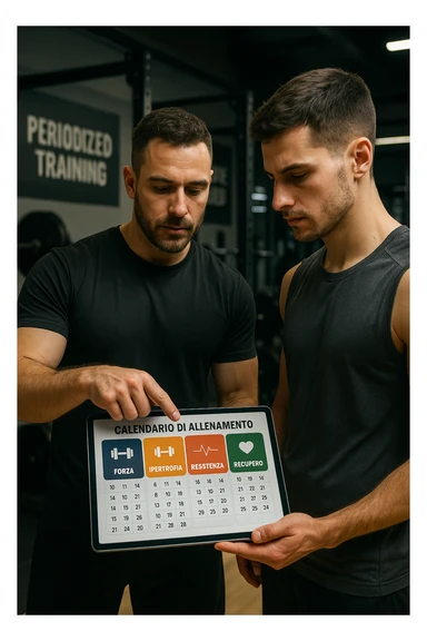 realistic cinematic photo a personal trainer and a client stand in a modern gym, reviewing a large, color-coded training calendar or chart on a tablet. The calendar shows different phases (Forza, Ipertrofia, Resistenza, Recupero) with icons and dates. Around them, gym equipment and motivational posters reinforce the idea of structured, periodized training. in italiano sticker