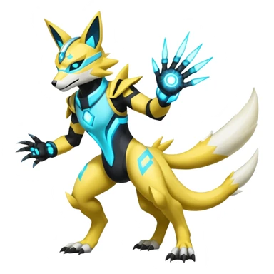 Shiny glowing neon cyan yellow white electric complex futuristic white-cyber-masked Zeraora-Renamon-Electrike-Umbreon-Lombax-Weregarurumon-fusion-creature (full body sticker
