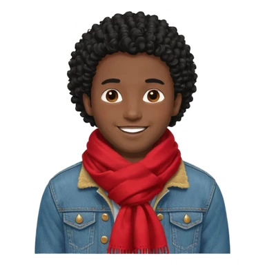 black skin man, curly black hair wear big red scraft, jean jacket sticker