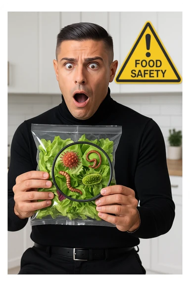 a man holds a bag of salad with both hands, his face frozen in shock as he looks at the contents. Inside the bag, exaggerated but realistic depictions of parasites and bacteria are visible, some highlighted with a magnifying glass overlay. The background is a clean kitchen, and a warning sign appears in the corner to reinforce the message about food safety. sticker