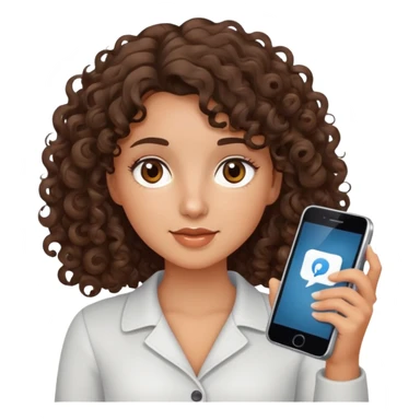 brunette girl with curly medium length hair, brown eyes, slightly tan skin, holding a phone sticker