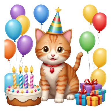 Ginger tabby kitten celebrates birthday, birthday hat, birthday cake, one candle, balloons, happy, gifts sticker