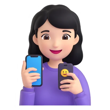 girl holding a smartphone, smiling, emoji style, with black hair sticker