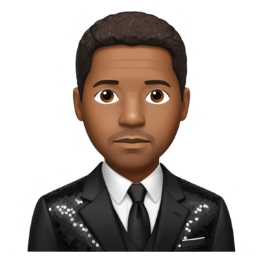 Denzel Washington with dark brown hair, black sequin suit sticker