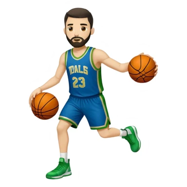 Full Body  white male basketball player with short dark hair and gold tee beard wearing blue and green uniform sticker