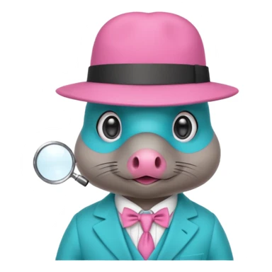 cute light blue turqiouse platypus head with a detective hat and monocle on his eye, no  hands, looks like a platypus but blue, the hat and suit are pink sticker