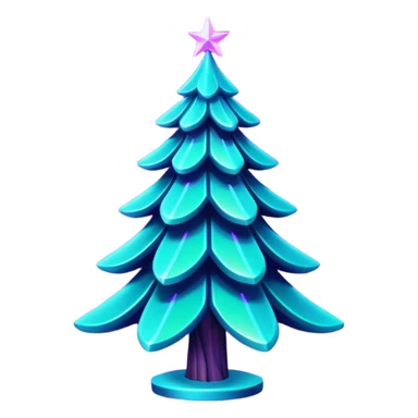 Futuristic glowing Christmas tree emoji with neon decorations, purple and cyan holographic glow, dark background, festive sparkles, no face. sticker