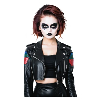 Chucky's bride wearing a black dress and black leather jacket, with dark makeup sticker