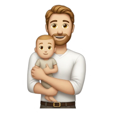 Tall white man with brown hair holding baby sticker