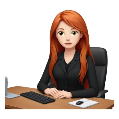 Video call therapy session: red-haired therapist with long hair wearing black minimalist clothing, seated in a professional home office, looking at the webcam; calm, modern teletherapy setting sticker