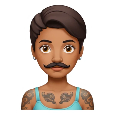 Confused woman with tattoos and a mustache sticker