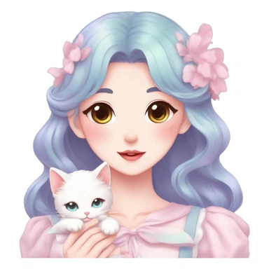 Gorgeous pastel anime style lady with blushing face and holding a kitten cottagecore fairycore pastelcore colorful pearly romantic simplistic aesthetic trending style sticker