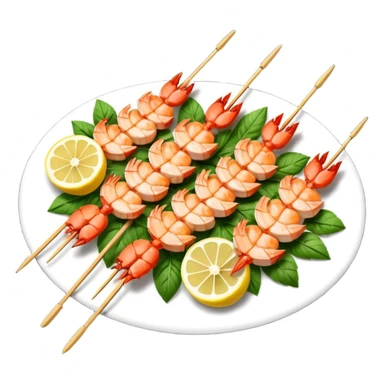 Draw grilled prawns on skewers with herbs & lemon slices. sticker