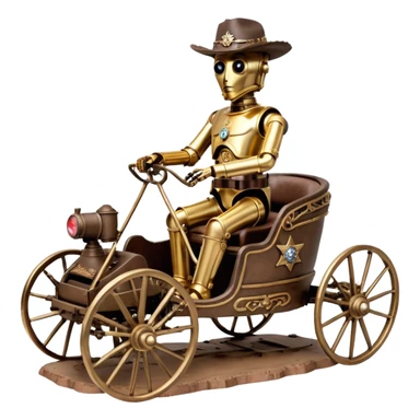 Action in Old American West tarnished C-3PO bounty policeman in 1864 delicately ornate rosegold accents painted buggy powered by electric motors and batteries with safety features and belts flying rapidly across rough dusty terrain stable on strong agile suspension  sticker
