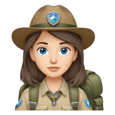 white woman park ranger with gray and brown hair, blue eyes, wearing a backpack sticker
