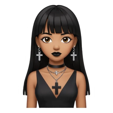 vampira parda com cabelo preto longo e liso e franja, olhos pretos, brincos em formato de cruz, choker em formato de cruz, roupa preta com decote, batom preto e sorrindo de canto sticker