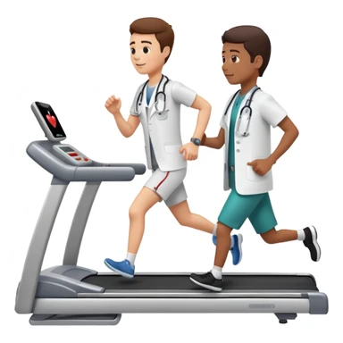 patient running on a treadmill, heart monitor display, and a doctor nearby sticker