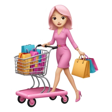 Carrinho na cor rosa cheio de compras femininas, com diversas maquiagens, roupas  sticker