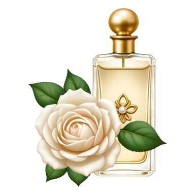 white English rose Benjamin Britten ( flower ) and pearl bow and vintage gold perfume bottle  sticker