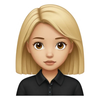 Light skinned girl with dirty blonde hair and deep brown eyes and a black square collared shirt sticker