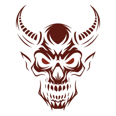 dark logo, combination of skull and horned demon, black and red colors, aggressive and impressive sticker